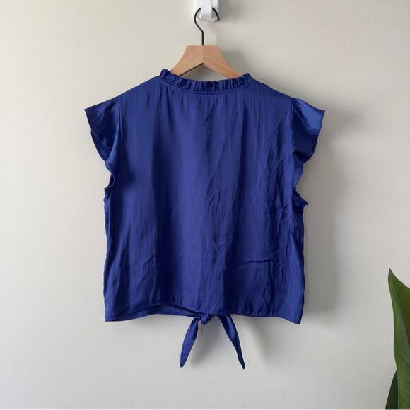 Joie Blue Flutter Sleeve Blouse Tie Front Button down Ruffle V-Neck Solid blue S - Picture 2 of 12